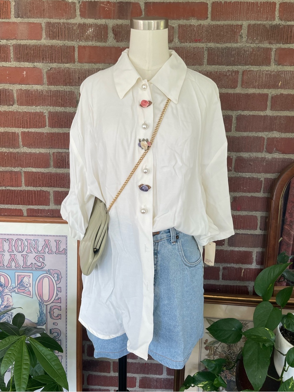 Vintage White/Cream Button-Down Blouse with Decorative Floral and Pearl Buttons